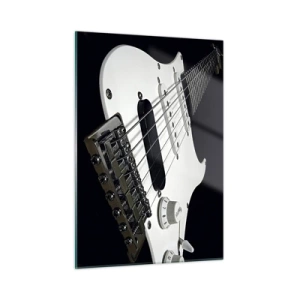 Impression sur verre - Image sur verre - Gros plan d'une guitare électrique blanche sur un fond sombre - 50x70cm - Son caché en blanc - Décoration murale moderne pour le salon et la chambre ARTTOR