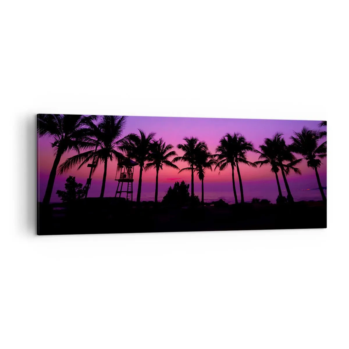 Impression sur toile - Image sur toile - Silhouettes de palmiers sur un ciel de coucher de soleil rose-violet - 140x50cm - Soirée sous les palmiers - Décoration murale moderne pour le salon et la chambre ARTTOR