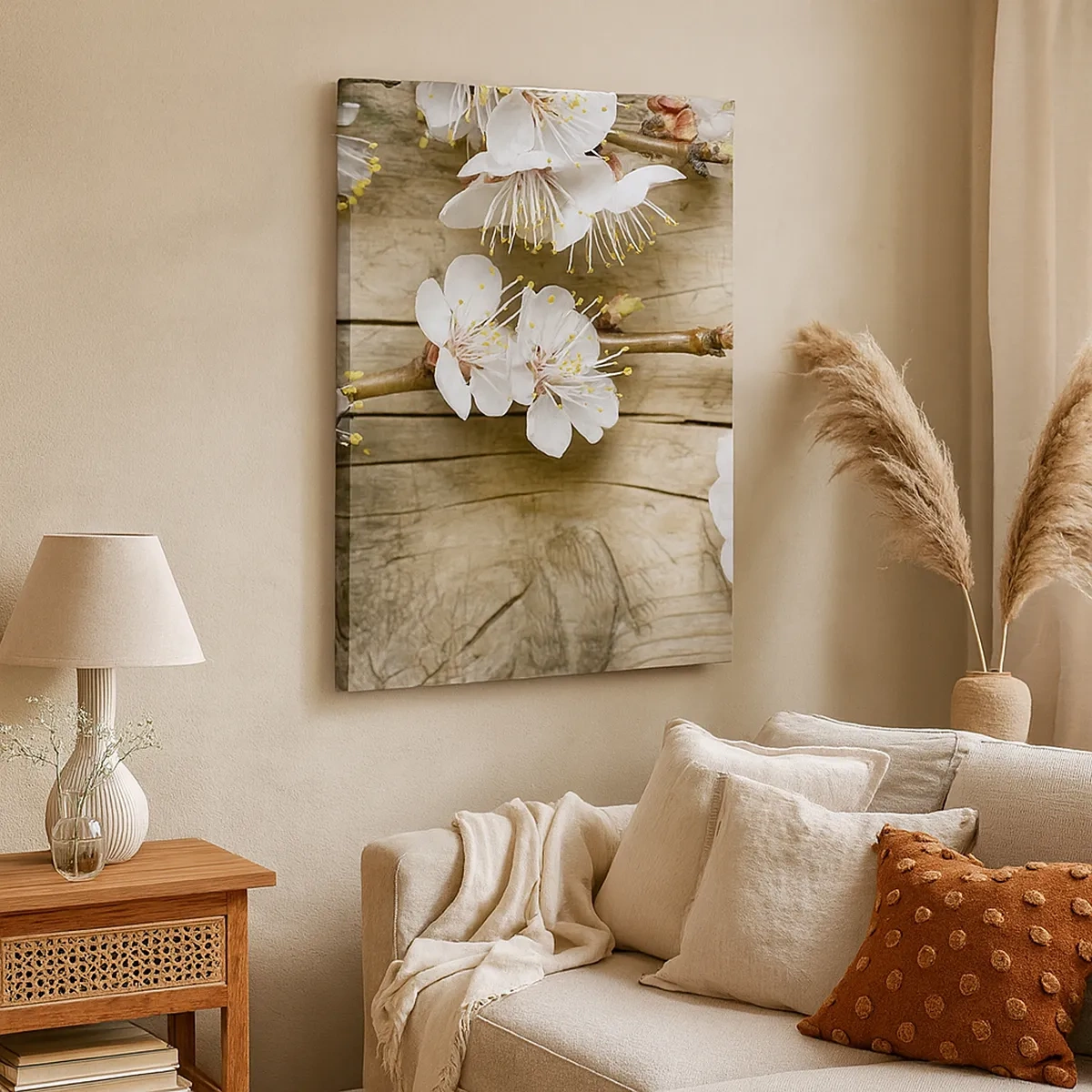 Impression sur toile - Image sur toile - Branches de cerisiers en fleurs sur fond de planche de bois - 50x70cm - Et c'est devenu le printemps - Décoration murale moderne pour le salon et la chambre ARTTOR