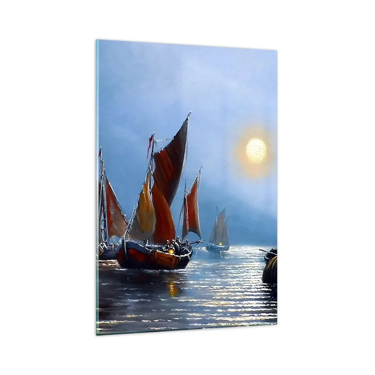 Impression sur verre - Image sur verre - Bateaux à voiles sur une eau calme au coucher du soleil - 80x120cm - Pêche de nuit - Décoration murale moderne pour le salon et la chambre ARTTOR