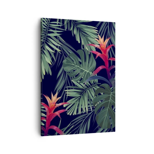 Impression sur toile - Image sur toile - Feuilles et fleurs tropicales sur fond sombre - 50x70cm - immergé dans la nature - Décoration murale moderne pour le salon et la chambre ARTTOR