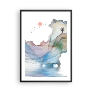 Affiche dans un cadre noir - Poster - Montagnes colorées et superposées sur un lac tranquille avec un arbre - 50x70cm - Vers les montagnes de cristal - Décoration murale moderne pour le salon et la chambre ARTTOR