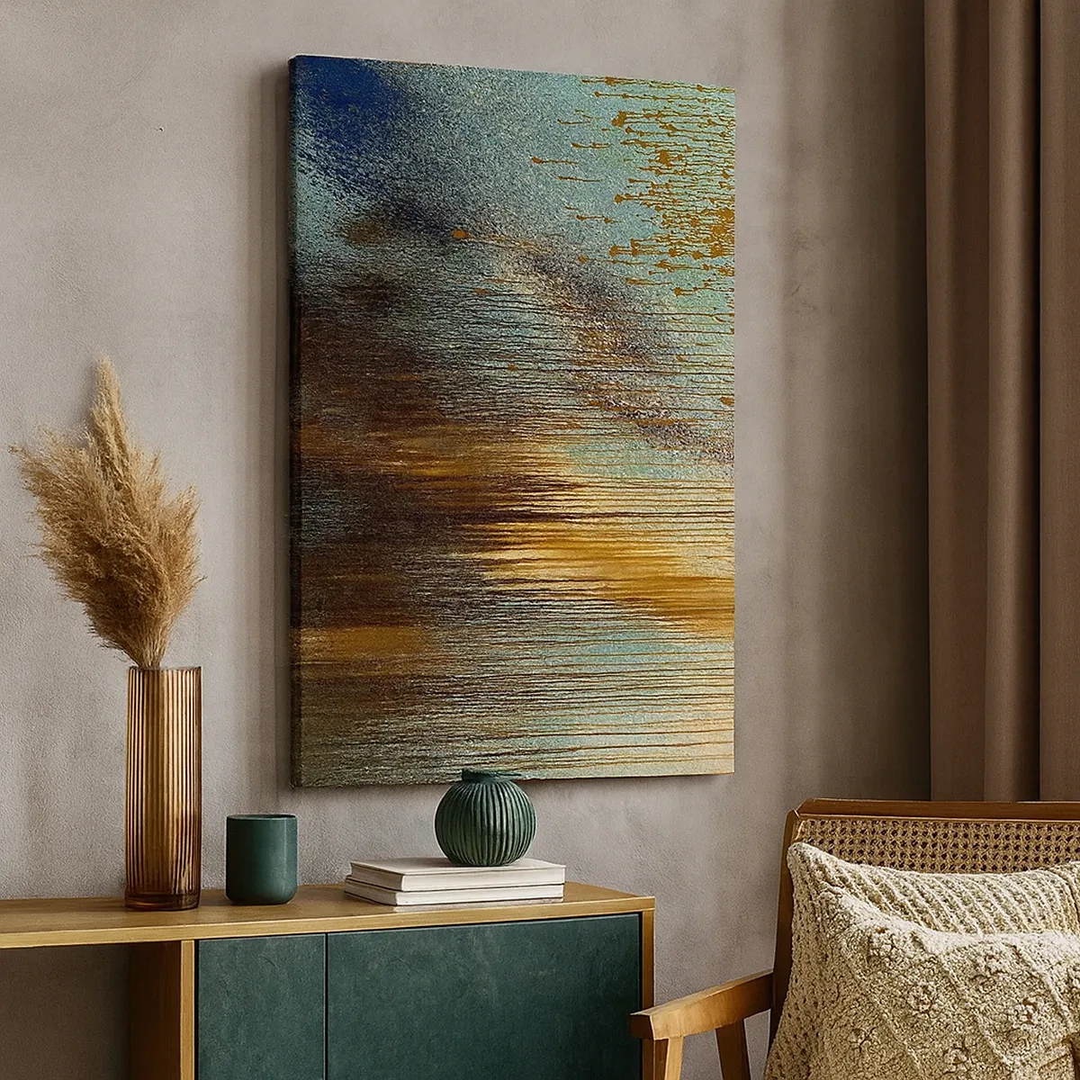 Impression sur toile - Image sur toile - Une composition abstraite de couleurs dans des tons d'or, de marron et de bleu. - 50x70cm - Une composition de couleirs non fortuite - Décoration murale moderne pour le salon et la chambre ARTTOR