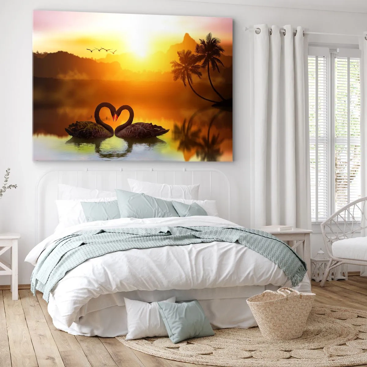 Impression sur toile - Image sur toile - Deux cygnes noirs formant un cœur sur fond de coucher de soleil sur un lac - 70x50cm - Tout va ensemble - Décoration murale moderne pour le salon et la chambre ARTTOR