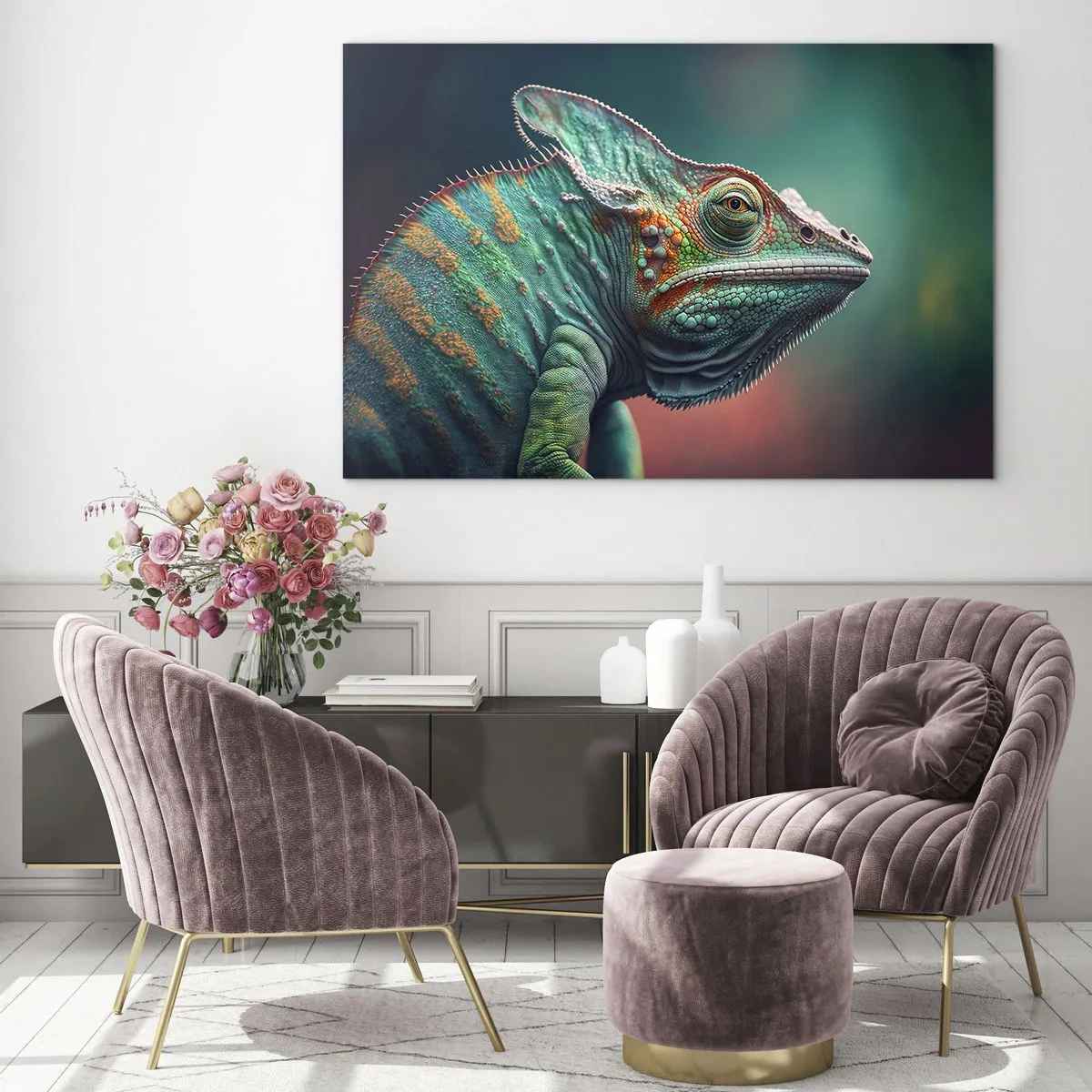 Impression sur verre - Image sur verre - Un caméléon coloré sur un fond flou dans une lumière intense. - 100x70cm - Vous me voyez? Pas bien… - Décoration murale moderne pour le salon et la chambre ARTTOR