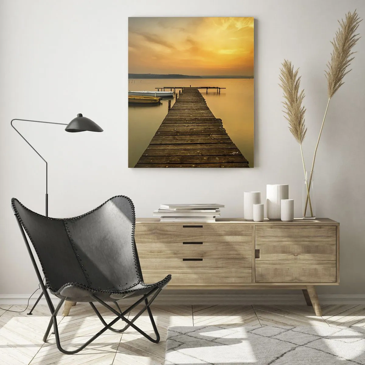 Impression sur verre - Image sur verre - Jetée en bois et bateaux sur le lac au coucher du soleil - 80x120cm - Je t'ouvrirai le ciel d'or - Décoration murale moderne pour le salon et la chambre ARTTOR