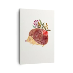 Impression sur toile - Image sur toile - Un hérisson mignon avec une pomme et des plantes dans un style illustratif - 70x100cm - Et tu m’apprécies déjà - Décoration murale moderne pour le salon et la chambre ARTTOR