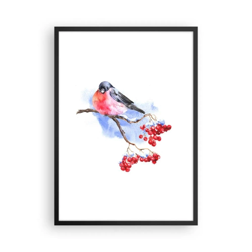Affiche dans un cadre noir - Poster - Un oiseau sur une branche avec des fruits rouges - 50x70cm - L'hiver en couleurs - Décoration murale moderne pour le salon et la chambre ARTTOR