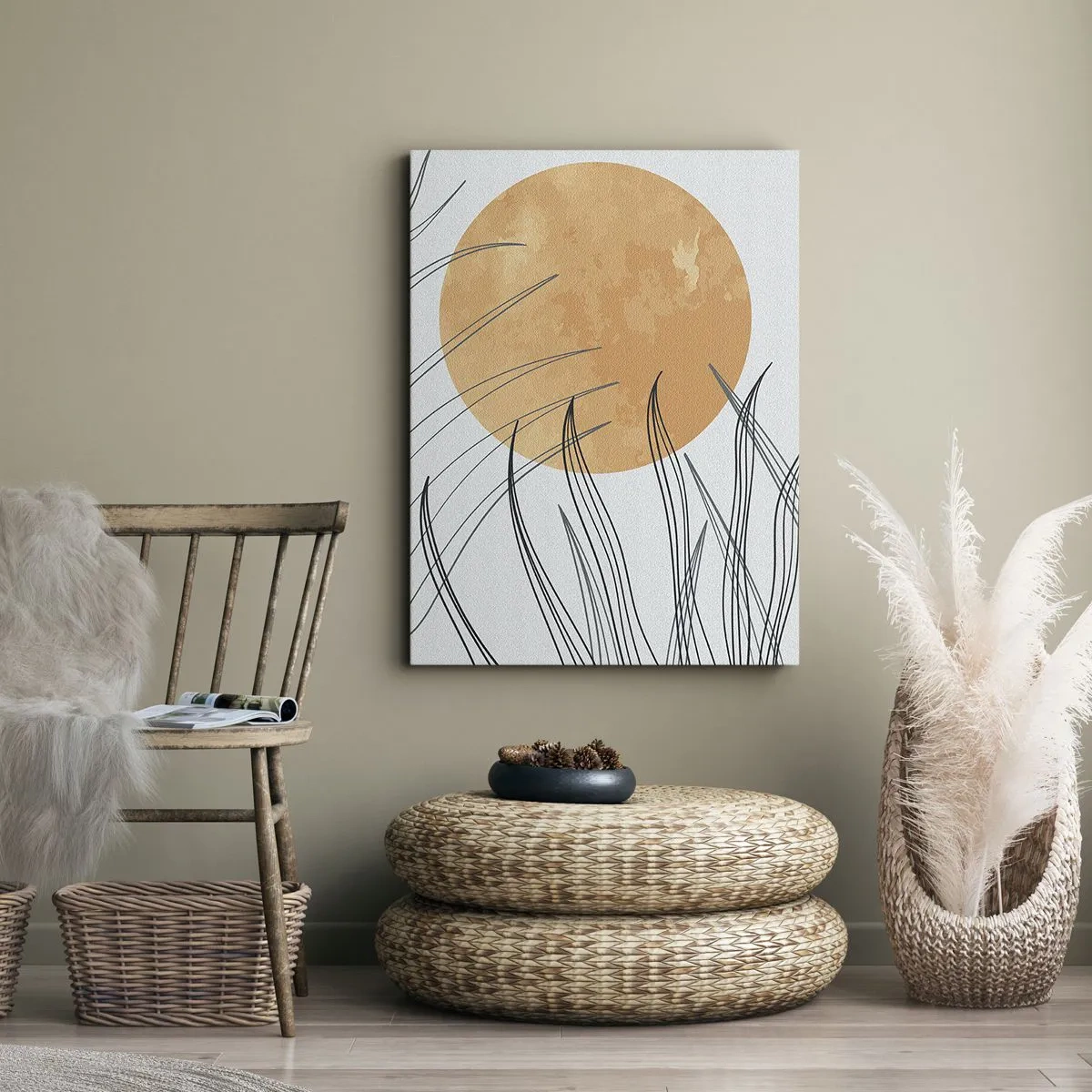 Impression sur toile - Image sur toile - Brins d'herbe abstraits sur fond de grand soleil orange - 50x70cm - Toujours vers le soleil - Décoration murale moderne pour le salon et la chambre ARTTOR
