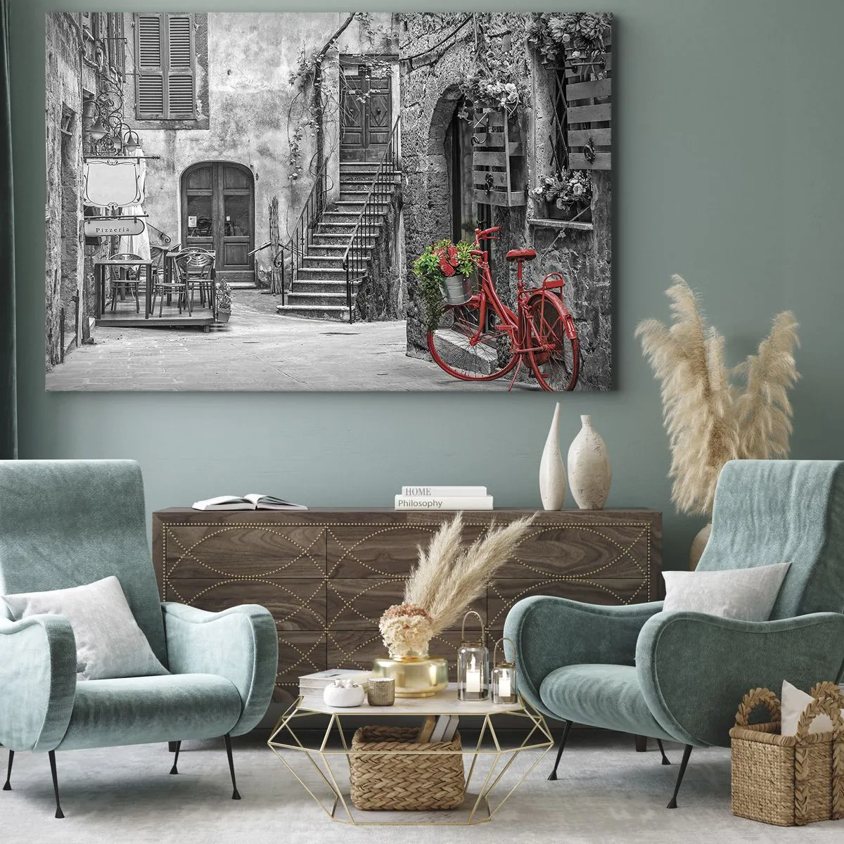 Impression sur toile - Image sur toile - Un vélo rouge dans une rue en noir et blanc - 70x50cm - Ruelle toscane - Décoration murale moderne pour le salon et la chambre ARTTOR