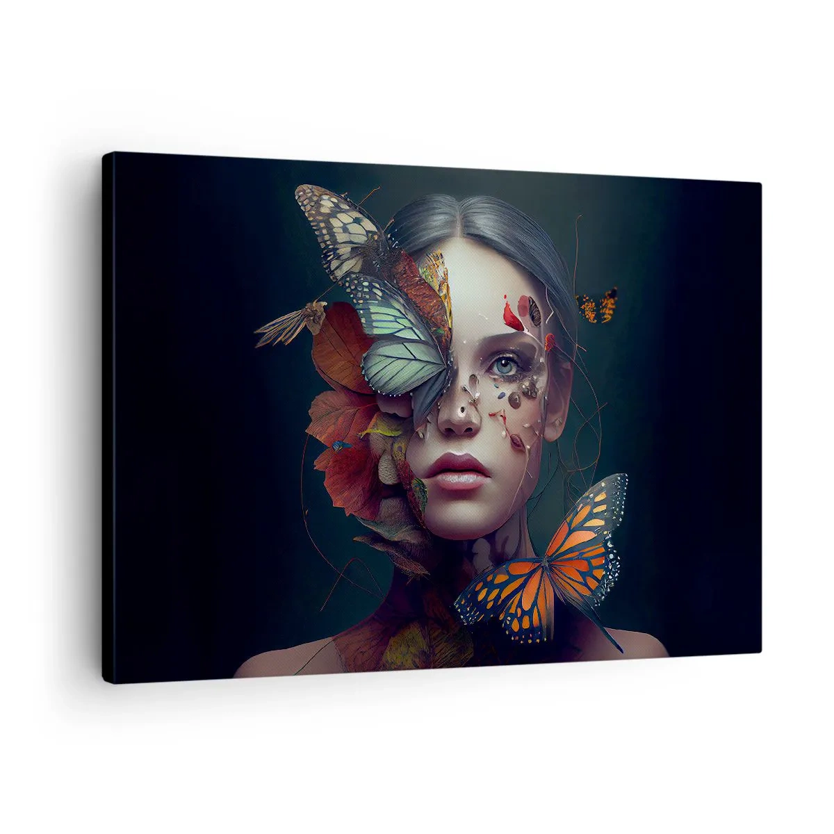 Impression sur toile - Image sur toile - Portrait d'une femme avec des papillons et des éléments végétaux - 70x50cm - Une merveilleuse métamorphose - Décoration murale moderne pour le salon et la chambre ARTTOR