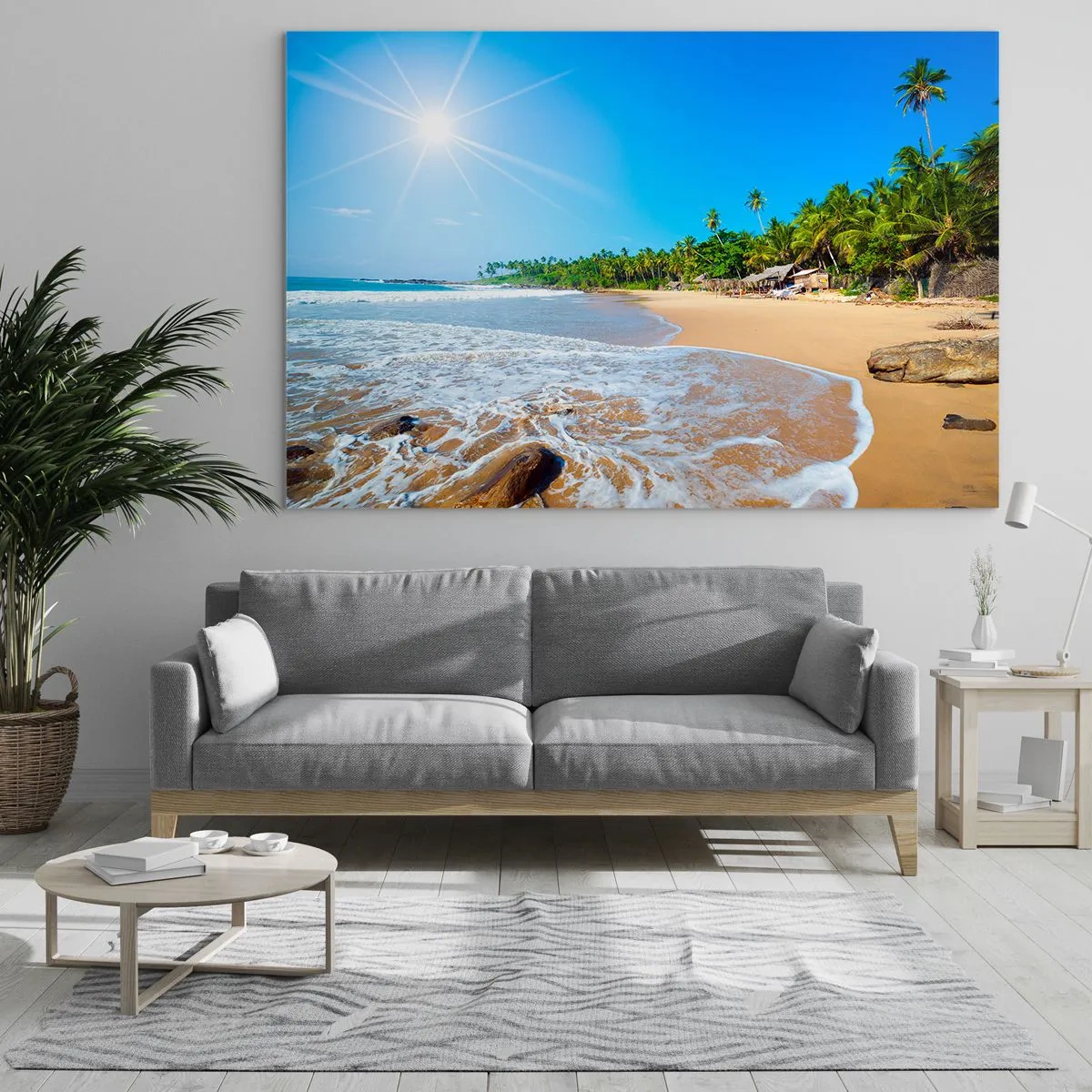 Impression sur verre - Image sur verre - Plage tropicale avec palmiers et vagues sous un ciel bleu - 100x70cm - Un endroit exotique pour vous - Décoration murale moderne pour le salon et la chambre ARTTOR
