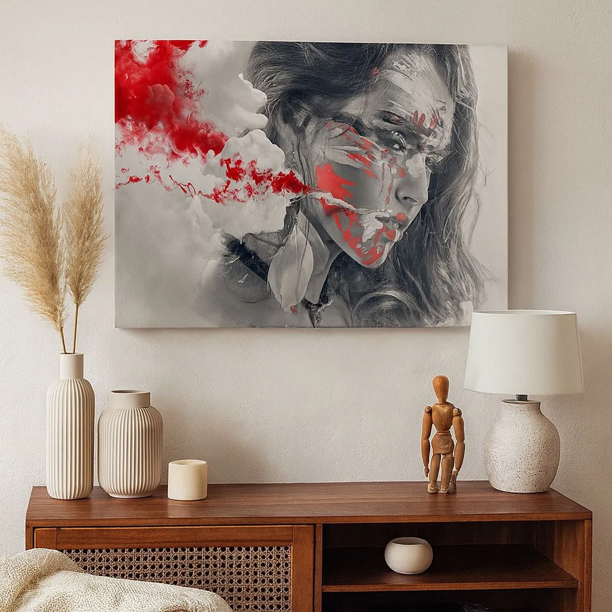 Impression sur toile - Image sur toile - Portrait artistique d'une femme aux accents rouges abstraits - 70x50cm - Dans les fumées de l'absurde - Décoration murale moderne pour le salon et la chambre ARTTOR
