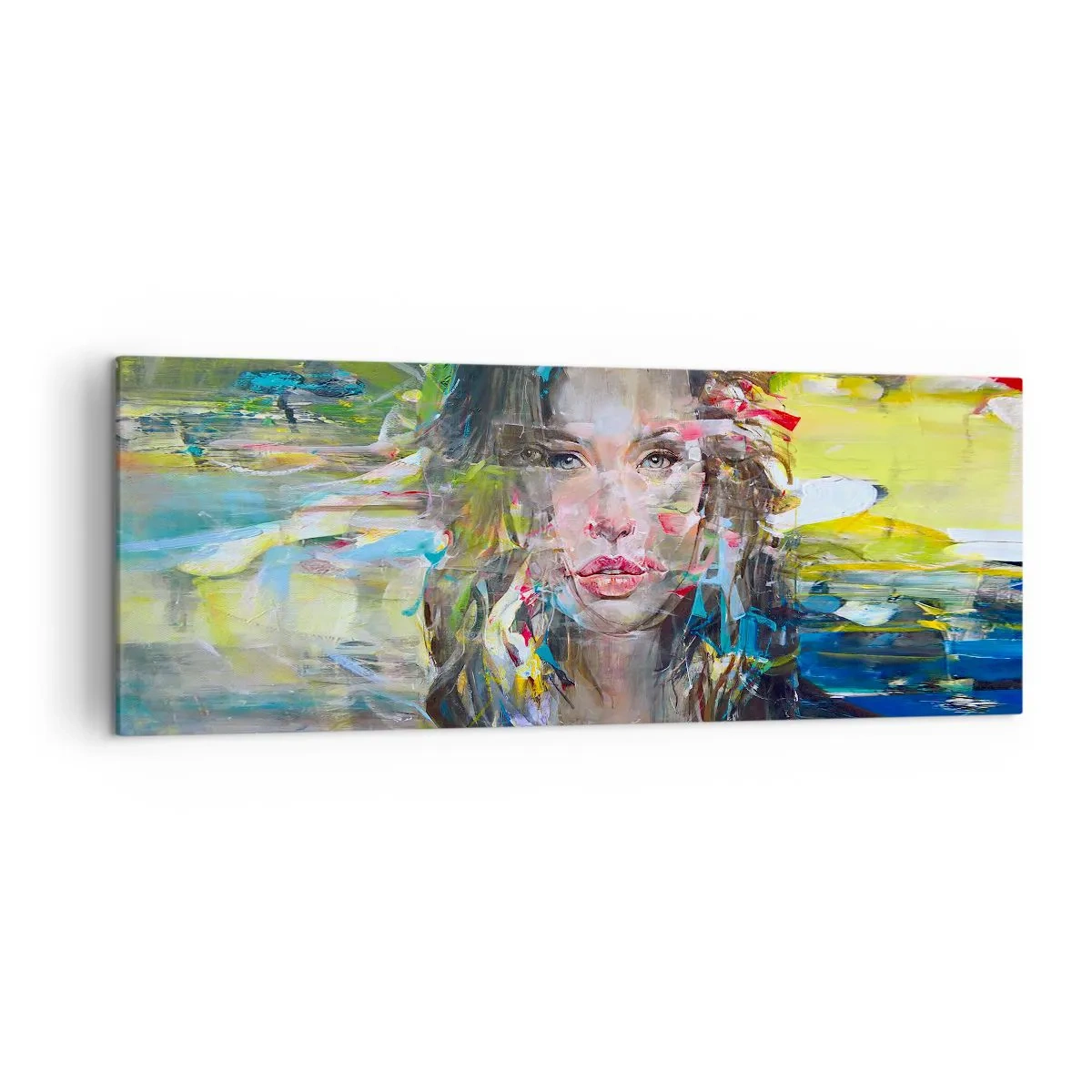 Impression sur toile - Image sur toile - Portrait abstrait d'une femme aux couleurs intenses - 140x50cm - Derrière l'air, un rideau - Décoration murale moderne pour le salon et la chambre ARTTOR