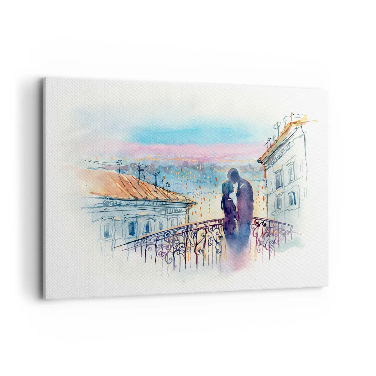Impression sur toile - Image sur toile - Couple romantique sur un balcon avec vue sur la ville - 120x80cm - Amoureux de Paris - Décoration murale moderne pour le salon et la chambre ARTTOR
