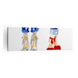 Impression sur toile - Image sur toile - Illustration de deux paires de chaussures dans des sandales élégantes et un jean - 160x50cm - Peut-être irons-nous nous promener? - Décoration murale moderne pour le salon et la chambre ARTTOR