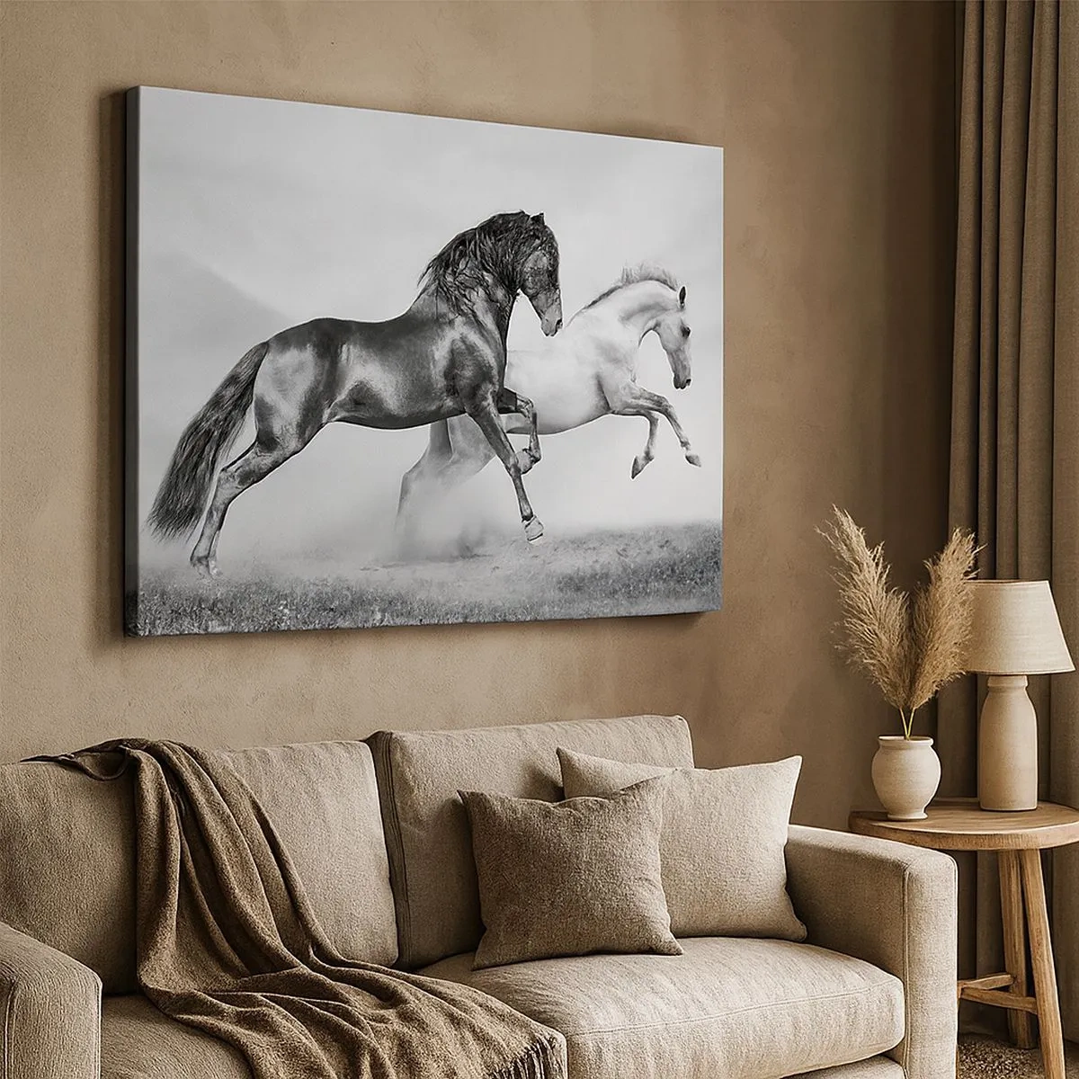 Impression sur toile - Image sur toile - Deux chevaux au galop dans une composition dynamique en noir et blanc - 70x50cm - Anges et démons - Décoration murale moderne pour le salon et la chambre ARTTOR