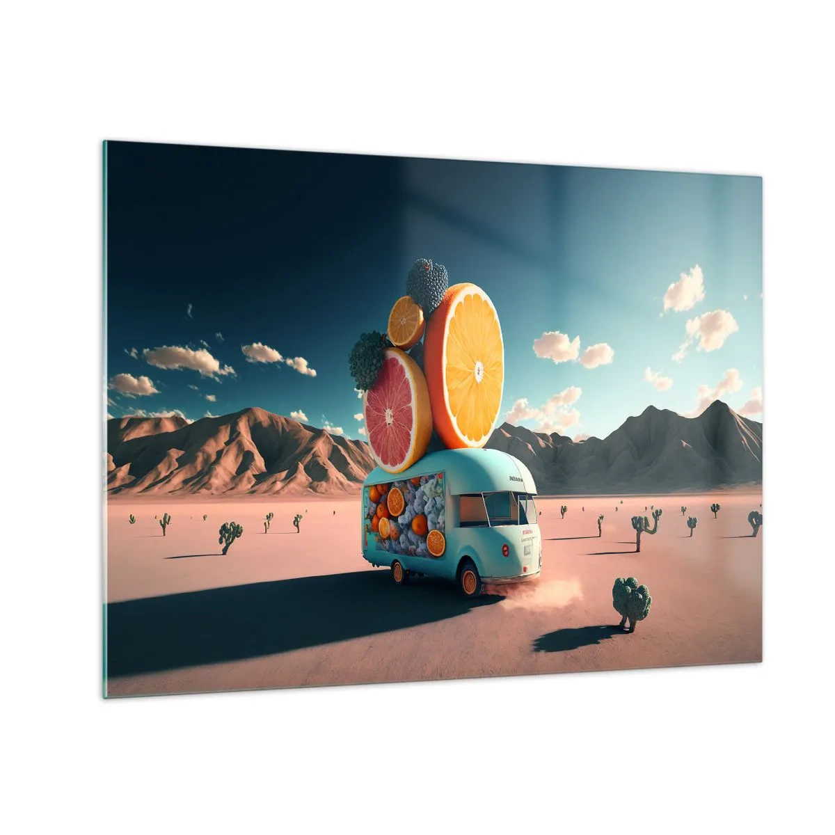 Impression sur verre - Image sur verre - Un camping-car turquoise avec des fruits sur un paysage désertique - 70x50cm - Le goût des vacances - Décoration murale moderne pour le salon et la chambre ARTTOR