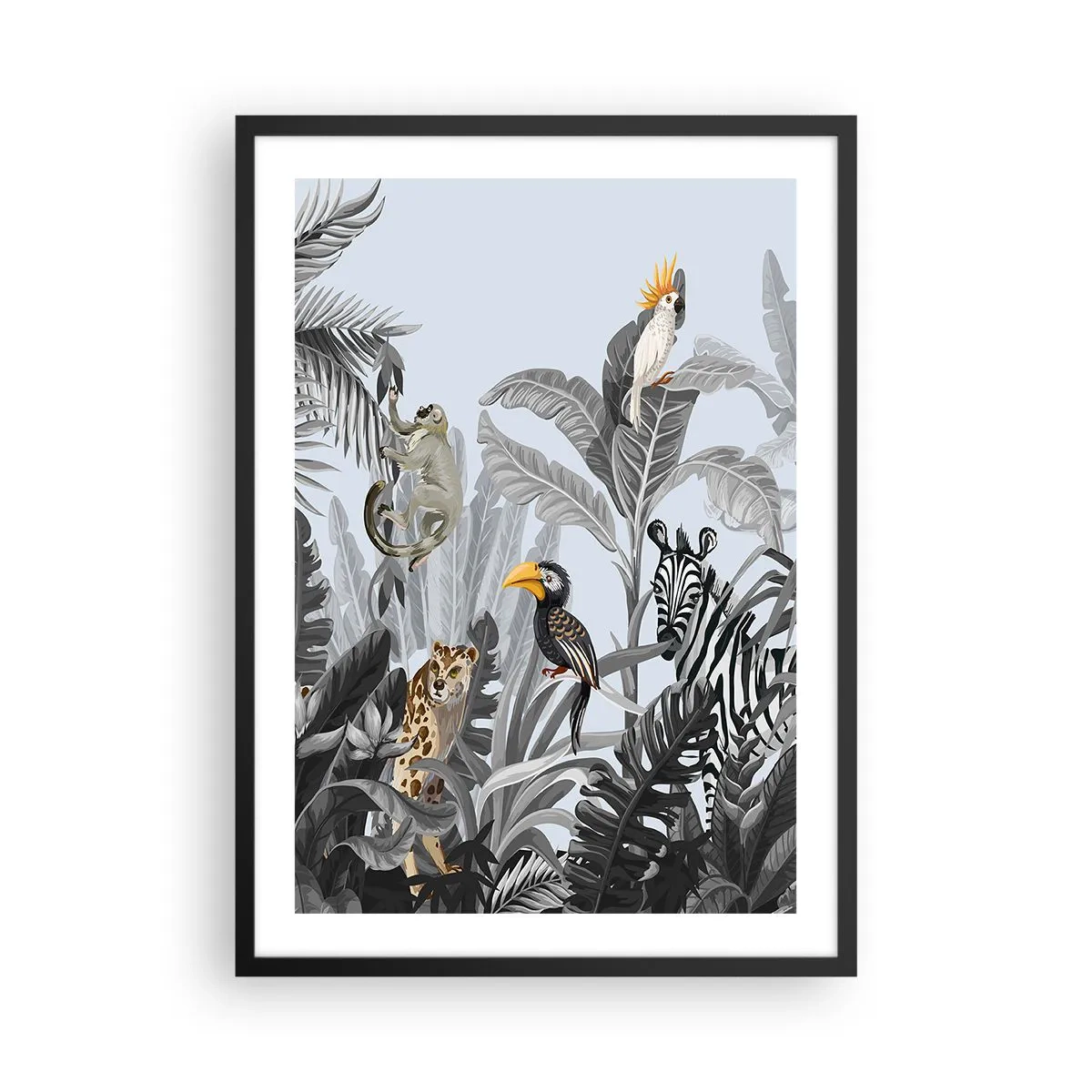 Affiche dans un cadre noir - Poster - Animaux tropicaux colorés parmi les feuilles de la jungle - 50x70cm - Conte de fées africain - Décoration murale moderne pour le salon et la chambre ARTTOR