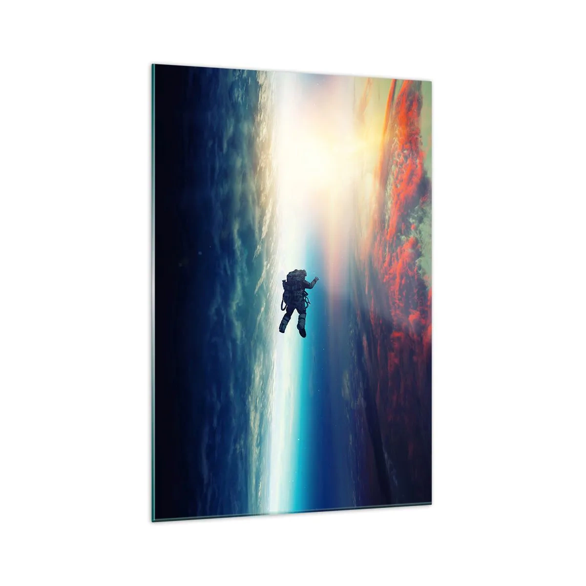 Impression sur verre - Image sur verre - Un astronaute flottant dans l'espace au-dessus d'une Terre colorée - 70x100cm - Affronter l'univers - Décoration murale moderne pour le salon et la chambre ARTTOR
