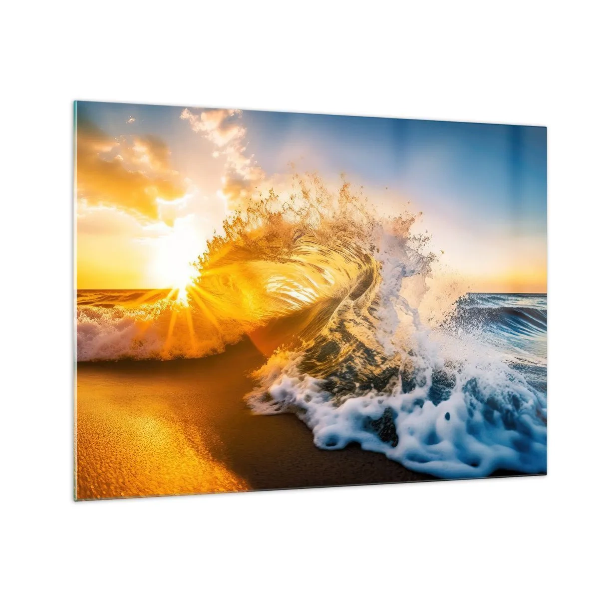 Impression sur verre - Image sur verre - Une vague s'écrasant contre le rivage, illuminée par les rayons du soleil couchant - 70x50cm - S'amuser dans le sable - Décoration murale moderne pour le salon et la chambre ARTTOR