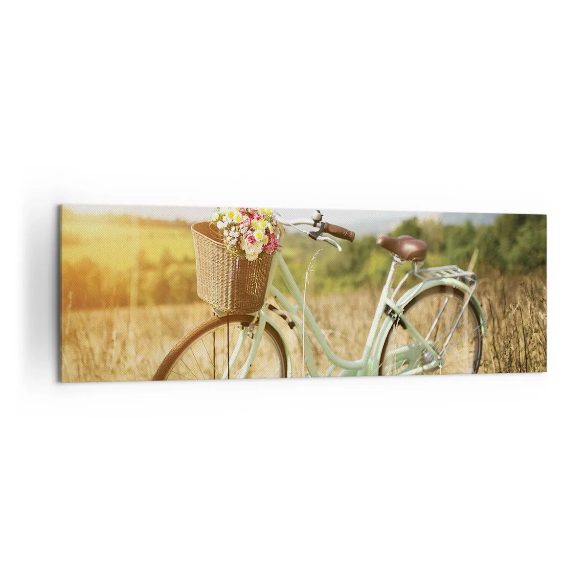 Impression sur toile - Image sur toile - Un vélo rétro avec un panier rempli de fleurs sur fond de prairie. - 160x50cm - Je vais rester un petit moment - Décoration murale moderne pour le salon et la chambre ARTTOR