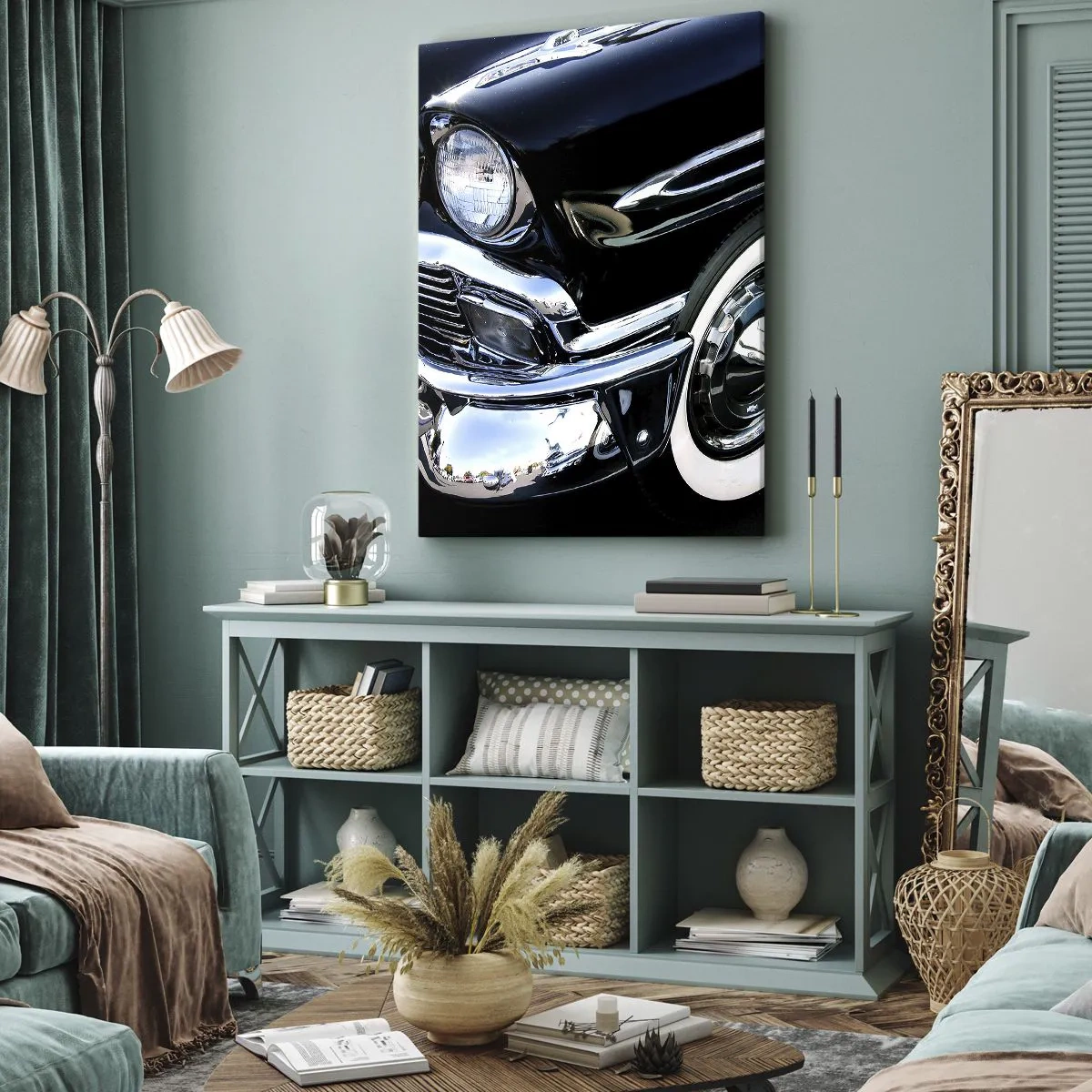 Impression sur toile - Image sur toile - Gros plan du phare et du garde-boue d'une voiture classique noire - 80x120cm - Classique en argent, noir et blanc - Décoration murale moderne pour le salon et la chambre ARTTOR