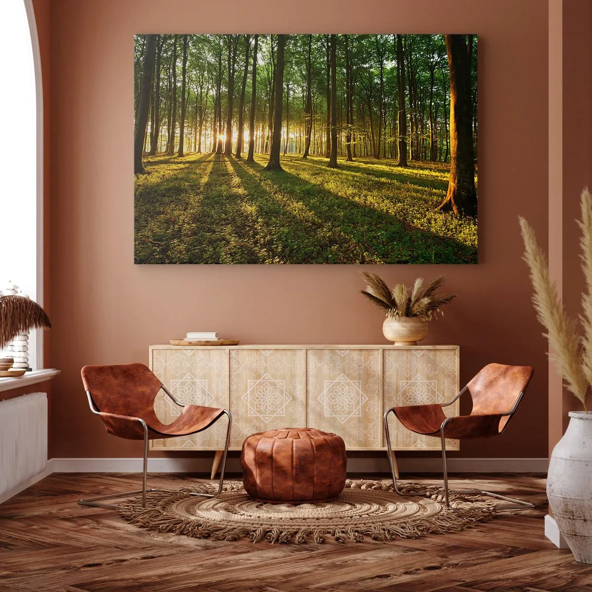 Impression sur toile - Image sur toile - Le soleil couchant dans la forêt de feuillus - 100x70cm - Toutes les photographies de printemps - Décoration murale moderne pour le salon et la chambre ARTTOR