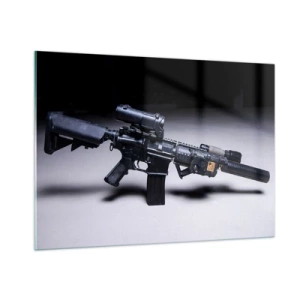 Impression sur verre - Image sur verre - Un fusil d'assaut noir avec des accessoires posés sur un fond clair - 100x70cm - Chevalier ténébreux - Décoration murale moderne pour le salon et la chambre ARTTOR