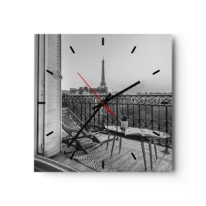 Horloge murale - Pendule murale - Vue sur la Tour Eiffel depuis le balcon avec transats et table - 30x30cm - Après-midi parisien - Décoration murale moderne pour le salon et la chambre ARTTOR