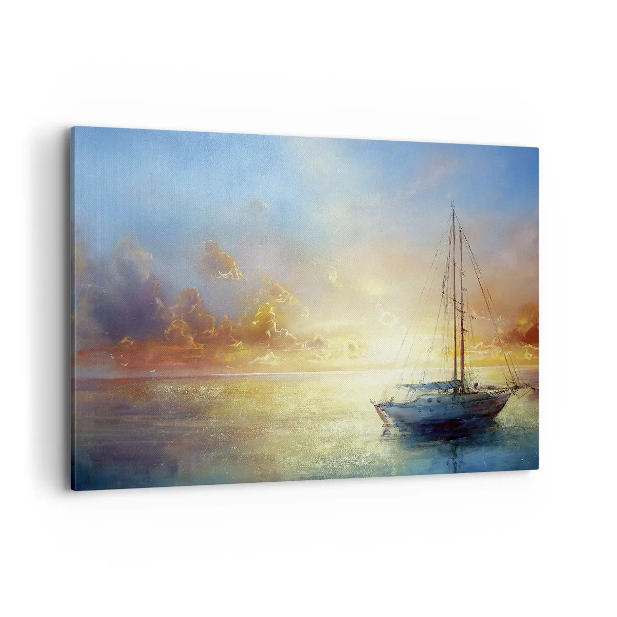 Impression sur toile - Image sur toile - Un yacht sur une mer calme au coucher du soleil - 100x70cm - Dans une baie dorée - Décoration murale moderne pour le salon et la chambre ARTTOR