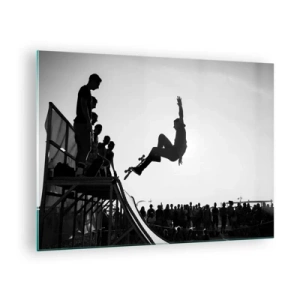 Impression sur verre - Image sur verre - Patineur noir et blanc dans les airs - 70x50cm - Héros et spectateurs - Décoration murale moderne pour le salon et la chambre ARTTOR