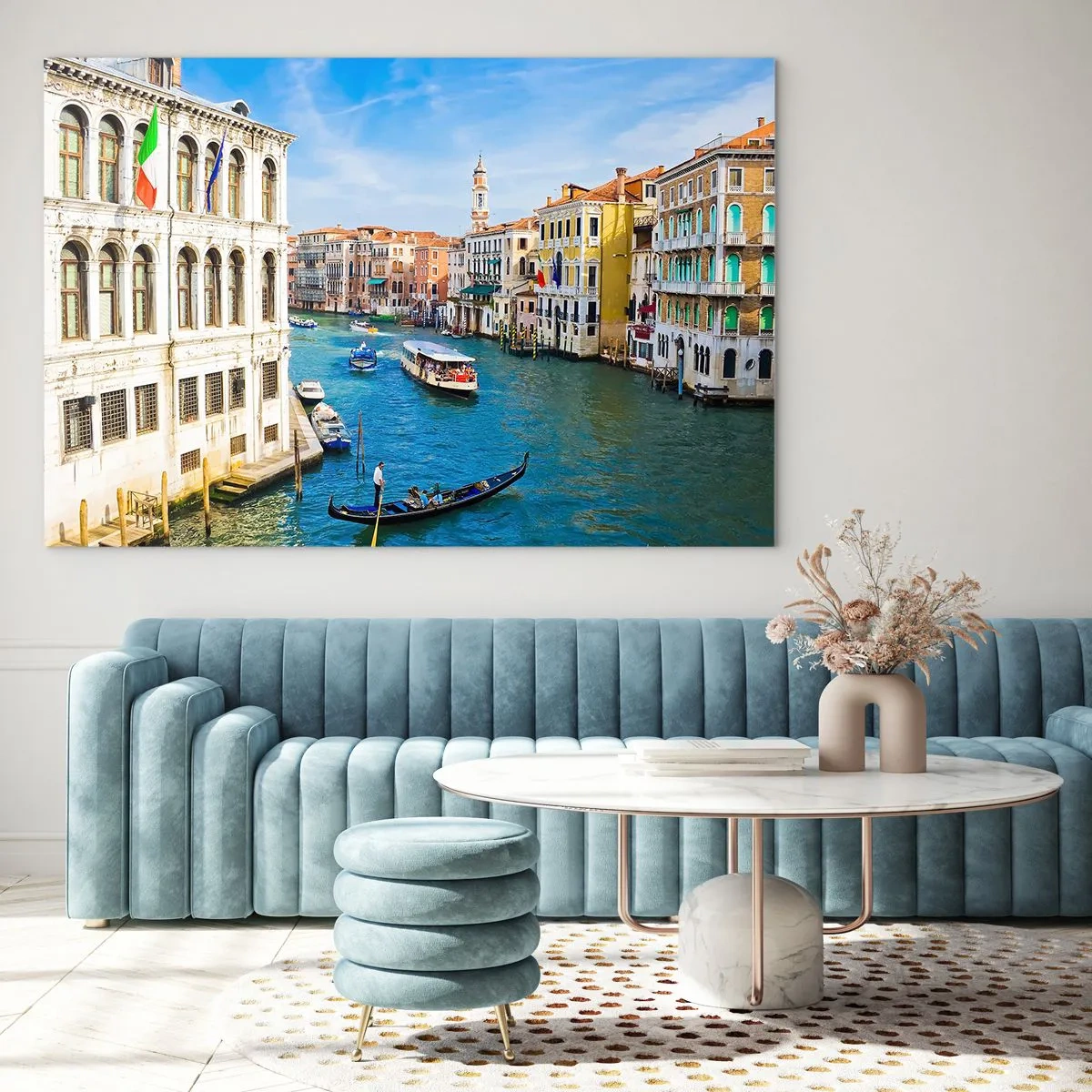 Impression sur verre - Image sur verre - Un canal à Venise avec des gondoles et des bateaux sur l'eau - 70x50cm - Trafic de rue unique au monde - Décoration murale moderne pour le salon et la chambre ARTTOR