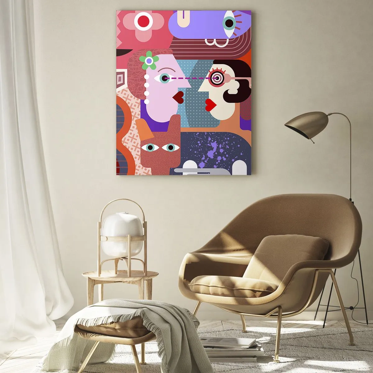 Impression sur verre - Image sur verre - Figures abstraites aux couleurs vives - 70x100cm - Les yeux dans les yeux - Décoration murale moderne pour le salon et la chambre ARTTOR