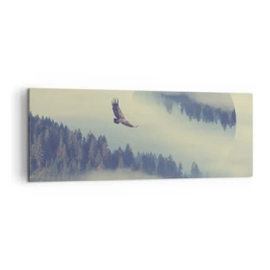 Impression sur toile - Image sur toile - Un aigle en vol sur fond de montagnes brumeuses avec un motif circulaire artistique - 140x50cm - J'ai vu l'ombre d'un aigle - Décoration murale moderne pour le salon et la chambre ARTTOR