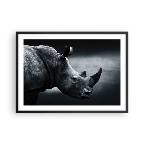 Affiche dans un cadre noir - Poster - Portrait noir et blanc d'un rhinocéros sur fond sombre - 70x50cm - Le profil droit - Décoration murale moderne pour le salon et la chambre ARTTOR