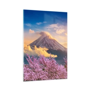 Impression sur verre - Image sur verre - Mont Fuji avec des cerisiers en fleurs en arrière-plan au coucher du soleil - 80x120cm - Sainteté japonaise - Décoration murale moderne pour le salon et la chambre ARTTOR