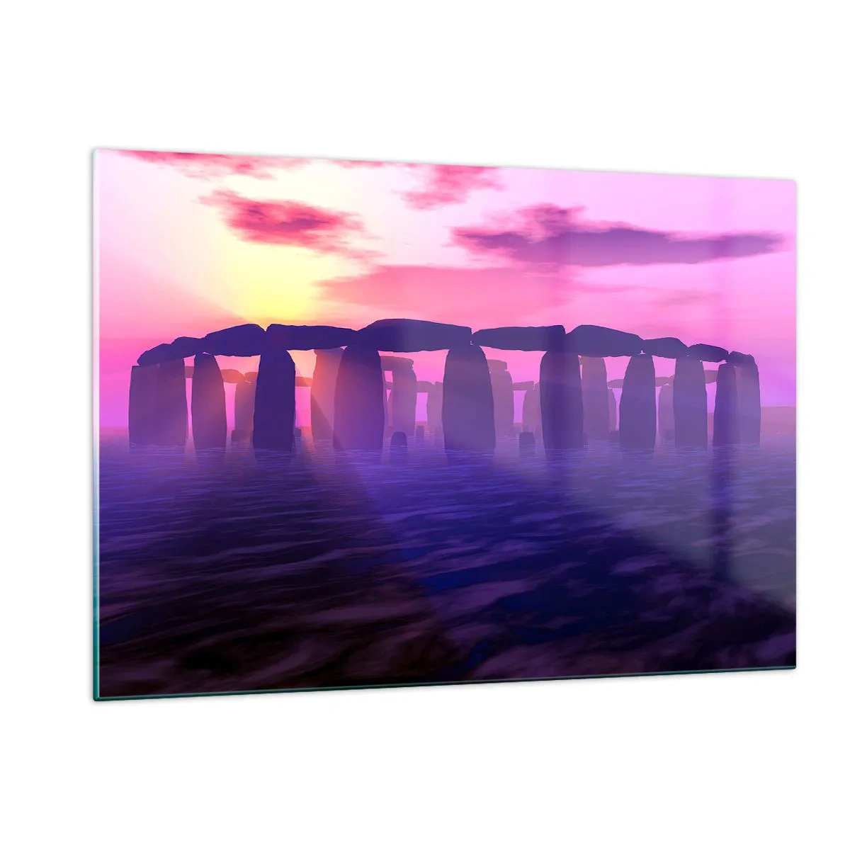 Impression sur verre - Image sur verre - Stonehenge à la lumière d'un coucher de soleil rose - 120x80cm - Mystère à l'aube dans le brouillard - Décoration murale moderne pour le salon et la chambre ARTTOR