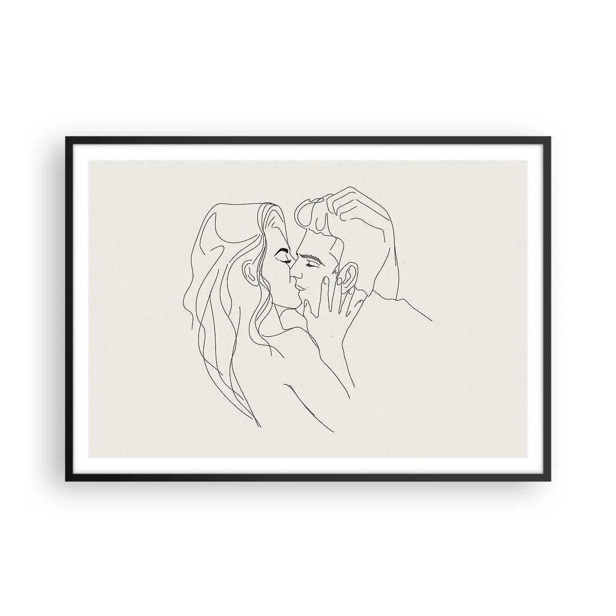 Affiche dans un cadre noir - Poster - Une illustration minimaliste d'un couple dans une étreinte amoureuse - 100x70cm - Enlacé de sentiment - Décoration murale moderne pour le salon et la chambre ARTTOR