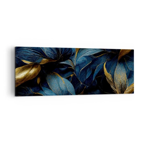 Impression sur toile - Image sur toile - Feuilles élégantes dans des tons dorés et bleu marine - 140x50cm - Des dessous dorés - Décoration murale moderne pour le salon et la chambre ARTTOR