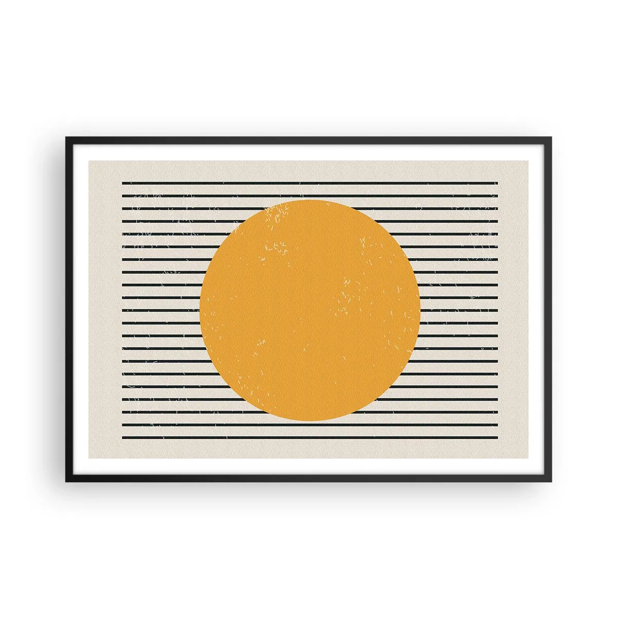 Affiche dans un cadre noir - Poster - Un cercle jaune sur un fond de lignes horizontales noires et blanches - 100x70cm - Le pouvoir de la simplicité - Décoration murale moderne pour le salon et la chambre ARTTOR