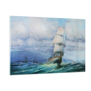 Impression sur verre - Image sur verre - Un navire avec des voiles naviguant sur une mer agitée sous un ciel nuageux - 120x80cm - Vents favorables - Décoration murale moderne pour le salon et la chambre ARTTOR