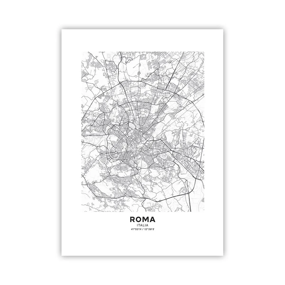 Affiche - Poster - Carte de Rome en noir et blanc avec rues et monuments détaillés - 50x70cm - Cercle romain - Décoration murale moderne pour le salon et la chambre ARTTOR