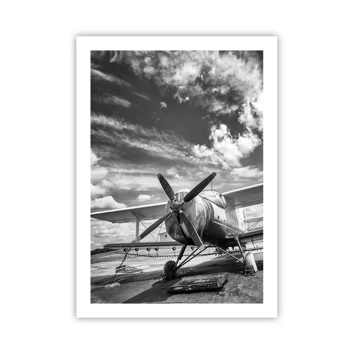 Affiche - Poster - Photo en noir et blanc d'un avion rétro contre le ciel - 50x70cm - Je suis impatient! - Décoration murale moderne pour le salon et la chambre ARTTOR
