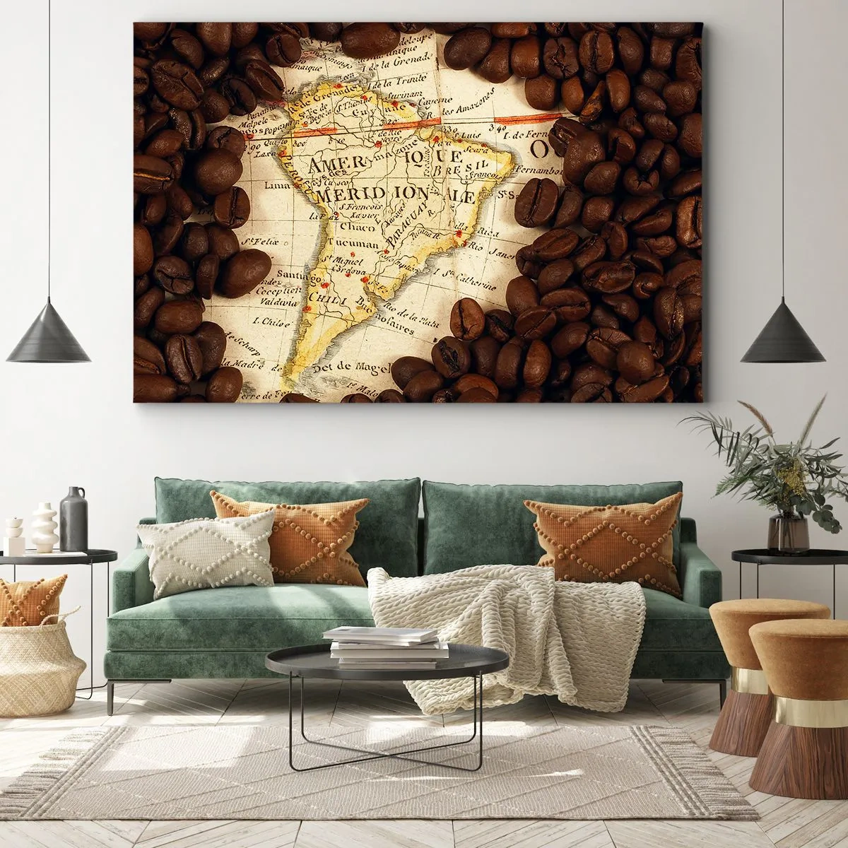 Impression sur toile - Image sur toile - Une carte de l'Amérique du Sud entourée de grains de café. - 70x50cm - D'où vient le meilleur café ? - Décoration murale moderne pour le salon et la chambre ARTTOR