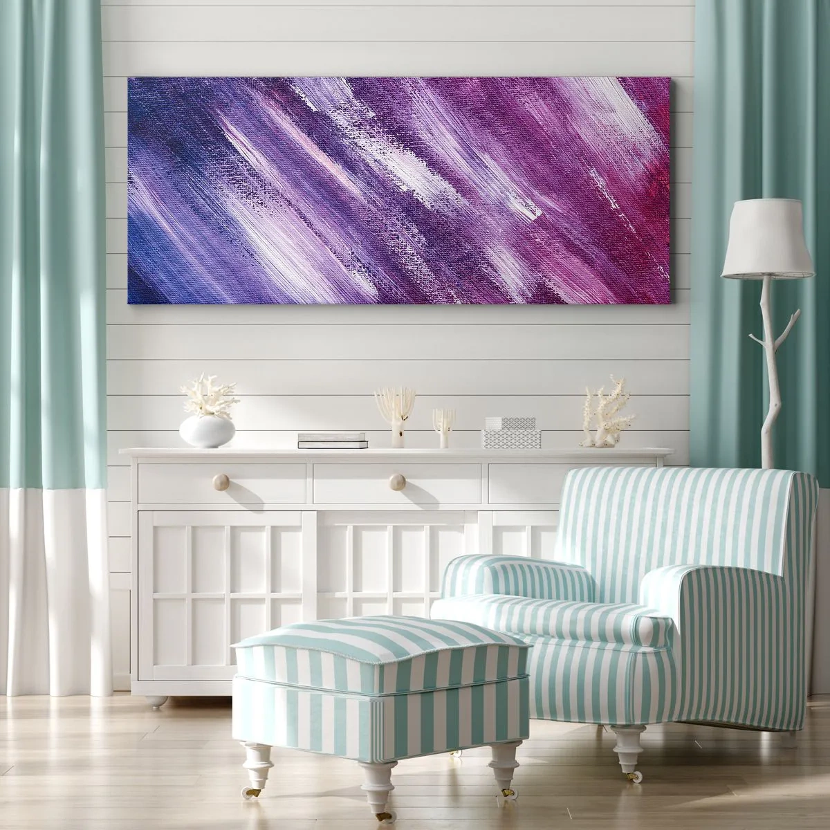 Impression sur toile - Image sur toile - Coups de pinceau abstraits dans des tons de violet et de rose - 140x50cm - Quand le vent ensoleillé souffle - Décoration murale moderne pour le salon et la chambre ARTTOR
