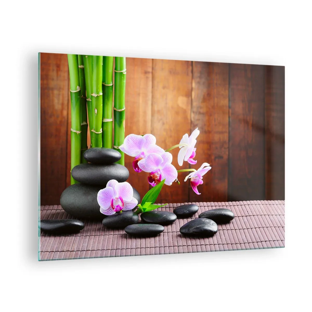 Impression sur verre - Image sur verre - Orchidées roses, bambou et pierres noires contre un mur en bois - 70x50cm - Rencontrez les plaisirs de l'est - Décoration murale moderne pour le salon et la chambre ARTTOR