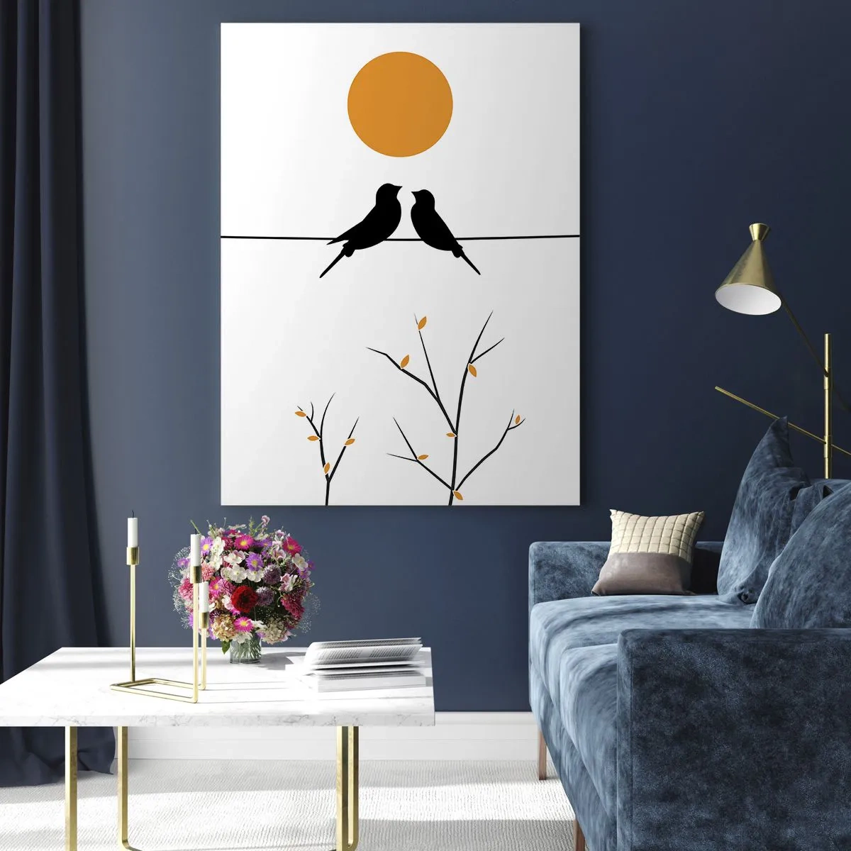 Impression sur verre - Image sur verre - Oiseaux sur une ligne avec un soleil jaune - 70x100cm - Soirée pour rossignols - Décoration murale moderne pour le salon et la chambre ARTTOR