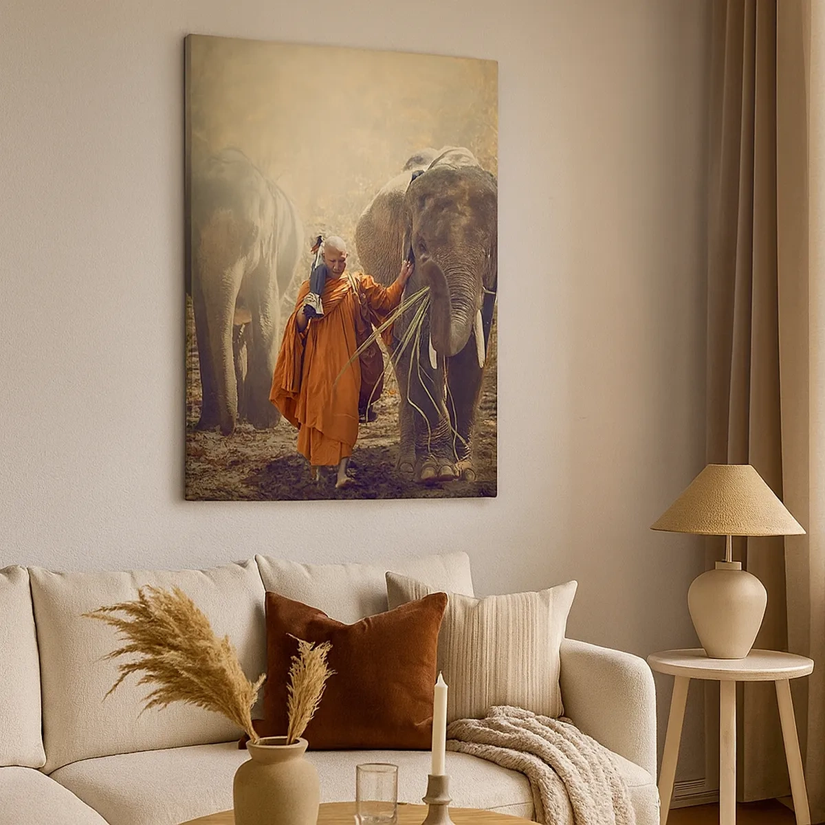 Impression sur toile - Image sur toile - Un moine en robe orange conduit un éléphant dans la forêt. - 50x70cm - Compréhension totale - Décoration murale moderne pour le salon et la chambre ARTTOR