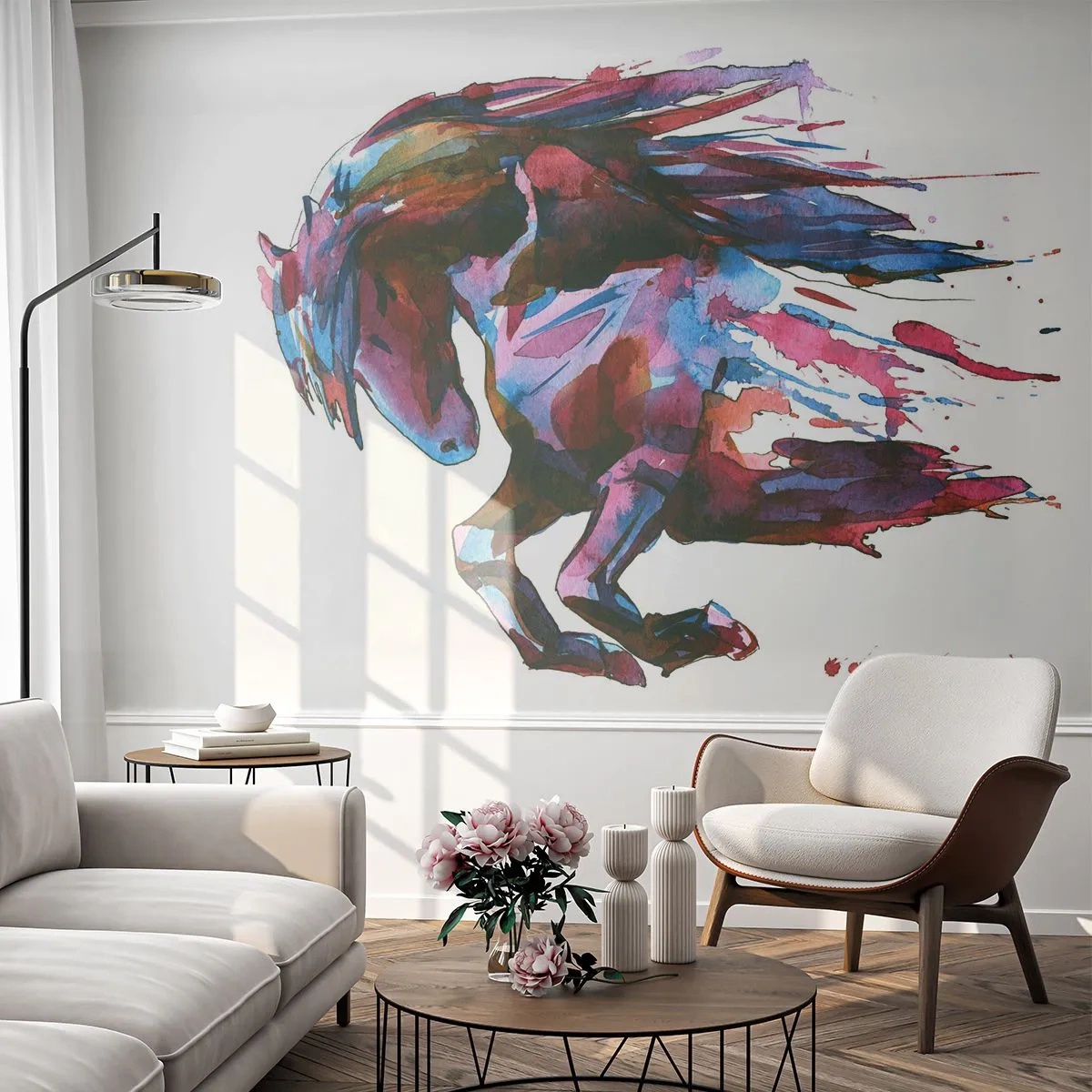 Papier Peint Photo Premium Sand - Un cheval dynamique dans un style aquarelle abstrait - 100x70cm - Dans le ravissement - Décoration murale moderne pour le salon et la chambre ARTTOR